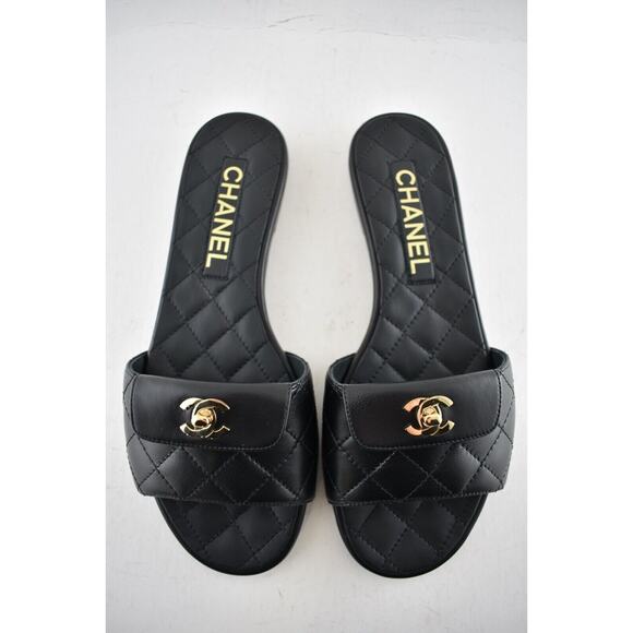 Chanel REV Black Turnlock Quilted Gold CC Logo Mules Slide Sandal Flop Flat 37 - Picture 5 of 12